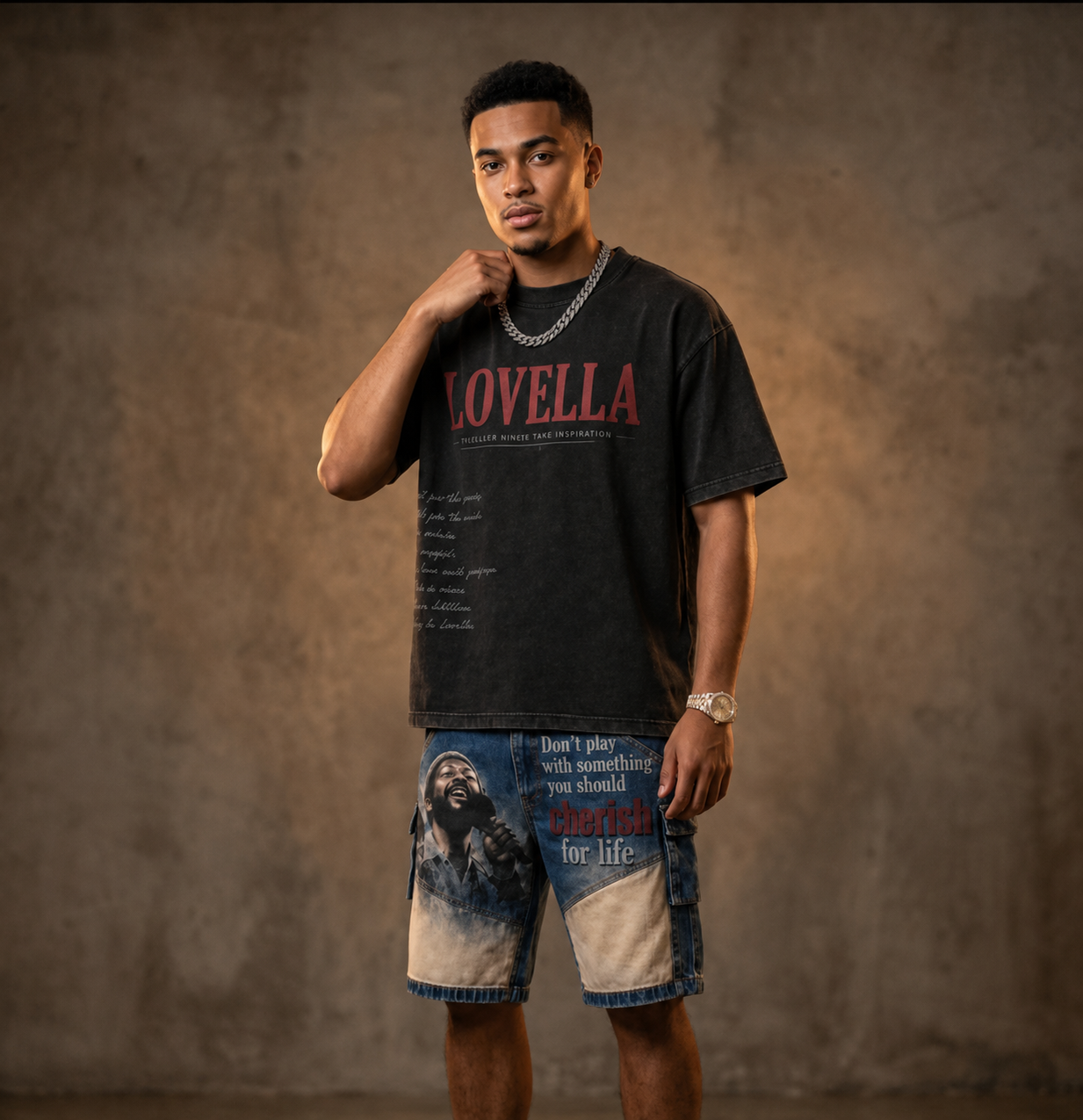 LOVELLA campaign — vintage LOVELLA tee, Marvin Gaye cherish denim cargo shorts, Cuban link chain, Rolex